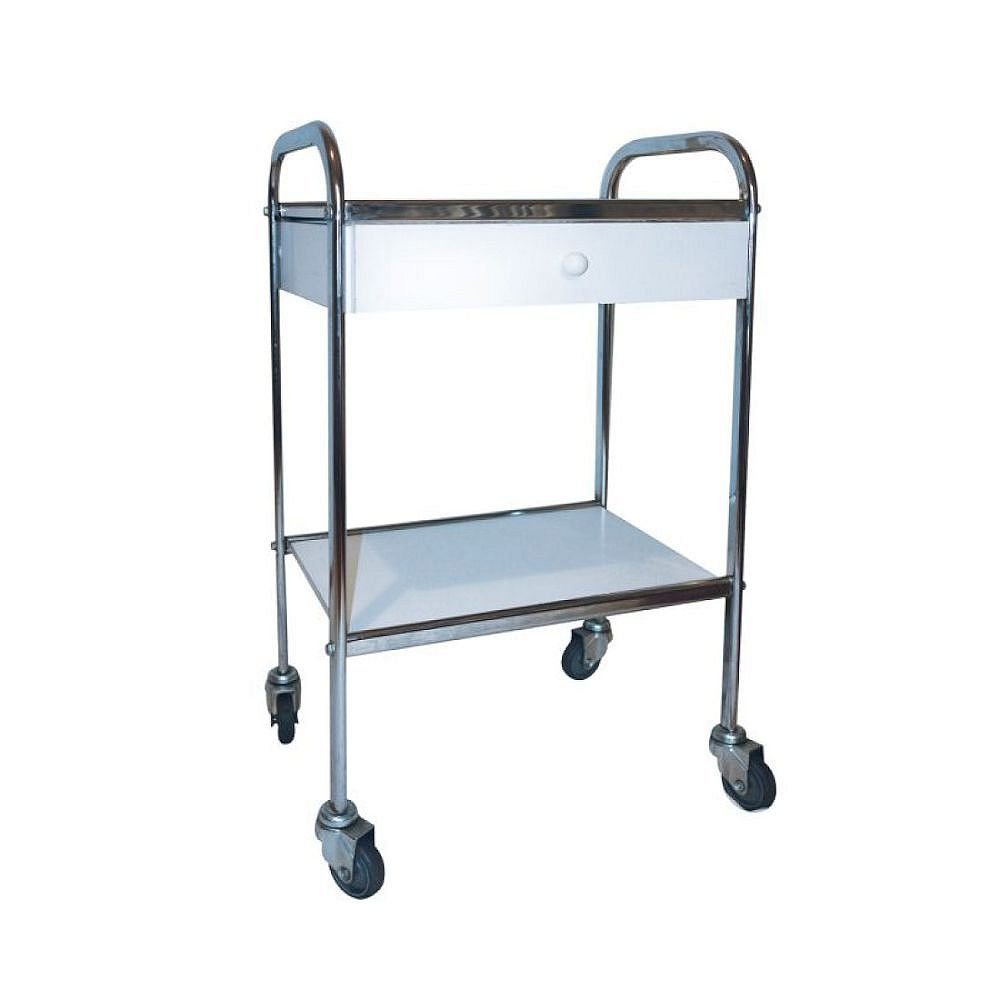 Τραπεζάκι Ανοξείδωτο με 2 ράφια και συρτάρι από λευκή μελαμίνη SI 1222